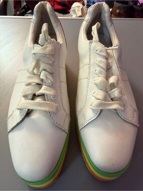White Leather Platform Sneakers with Green & Orange Stripe Sole